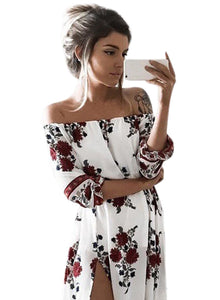 Women s PUff Sleeve Off Shoulder Floral Printed Maxi Dress