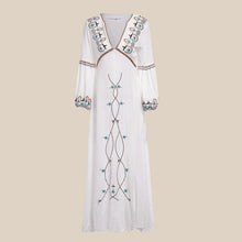 Load image into Gallery viewer, Boho Dress Floral Embroidery White V-Neck Lantern Sleeve Maxi Dress