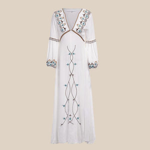 Boho Dress Floral Embroidery White V-Neck Lantern Sleeve Maxi Dress