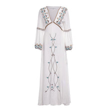 Load image into Gallery viewer, Boho Dress Floral Embroidery White V-Neck Lantern Sleeve Maxi Dress